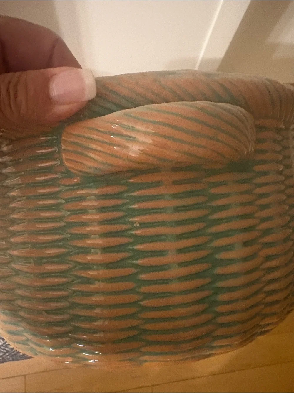 Peach & Aqua Glazed Baking Dish with Basketweave Design